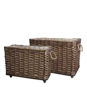 Set 2 coșuri decorative dreptunghiulare lucrate manual din ratan împletit, cu roți, 55x82x48 cm, „Vannerie"