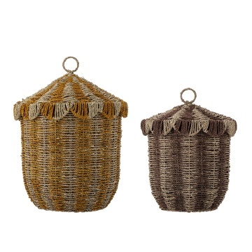Set 2 coșuri depozitare din iarbă de mare împletită, natur, cu capac și dungi verticale, 37x50 cm și 32x43 cm, „Cikkeline"