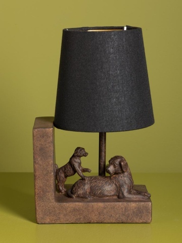 Set 2 lămpi de masă din bumbac negru, cu structură din rășină maro în formă de câine, finisaj patinat, 28×31×13 cm, „Compagnon" - Img 3