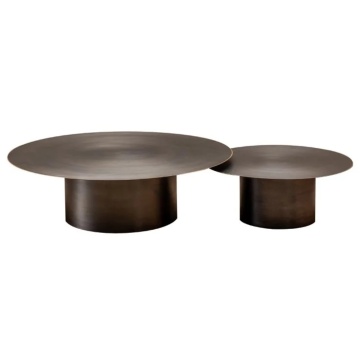 Set 2 măsuțe de cafea rotunde din metal, gri, cu bază cilindrică și muchie aurie, finisaj periat, 35 x 120 cm, „Calgary”