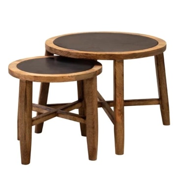 Set 2 măsuțe laterale rotunde din lemn de mango și metal, natur, cu blat negru încastrat și picioare cu traverse în cruce, 40,5 x 53,5 cm, „Cap”