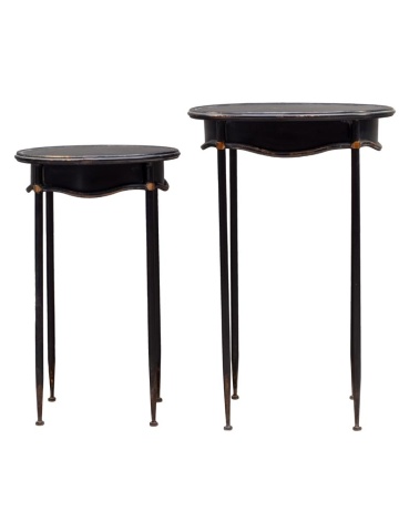 Set 2 măsuțe laterale vintage înalte din metal, negru, cu blat oval și șorț ondulat, finisaj patinat, 76 x 50 x 43 cm, „Orleans”