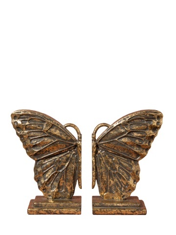 Set 2 suporturi pentru cărți din rășină, auriu, model aripi de fluture cu desen în relief și margine perlată, bază în trepte, finisaj patinat, 20,5 x 28 x 8,5 cm, „Monarque”