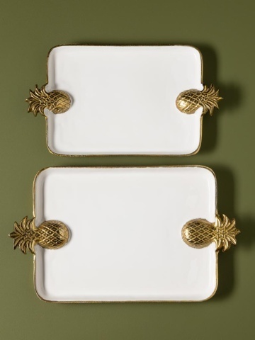 Set 2 tăvi albe din aluminiu cu mânere ananas, 51×30 cm - Img 3