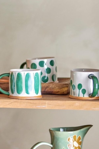 Set 3 căni natur din ceramică artizanală pictată manual cu motive geometrice în verde, 450 ml, 11×8,5 cm, "Linora" - Img 2