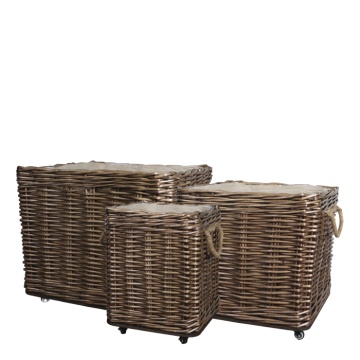 Set 3 coșuri decorative pătrate lucrate manual din ratan împletit, cu roți, 60x70x70 cm, „Gabian"