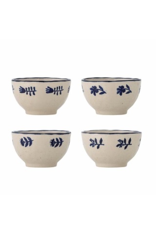 Set 4 boluri din ceramică artizanală natur cu motive florale albastre pictate manual și margine albastră, 11×6 cm, "Eimy"