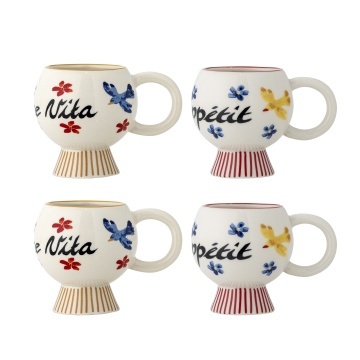 Set 4 căni din ceramică artizanală, pictate manual cu motive florale, păsări și inscripții mediteraneene, multicolor, 8.5×9 cm, „Lindsay" - Img 1