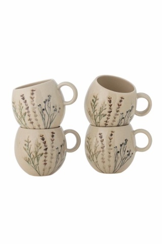 Set 4 cești din ceramică, natur, cu ilustrații botanice pictate manual, 9.5x8.5 cm, „Bea"