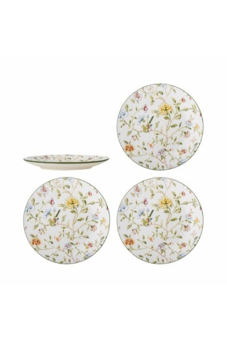 Set 4 farfurii din ceramică artizanală natur cu motive florale botanice multicolor, 20,5×2,5 cm, "Bloomie"