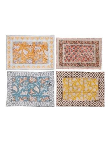 Set 4 protectii pentru masa, din bumbac, Blockprint