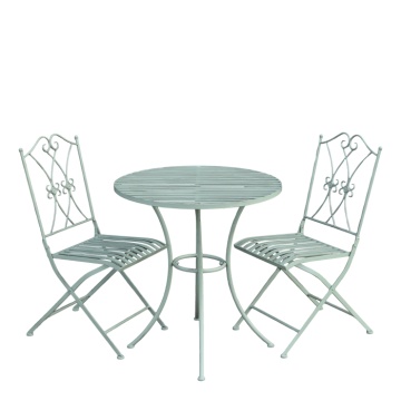 Set bistro pentru exterior din metal verde antichizat cu masă și 2 scaune, „Antique Verte”