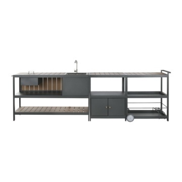 Set de mobilier de bucătărie de exterior din aluminiu vopsit, gri, cu blat din lamele natur, chiuvetă, 2 uși și cărucior, 91 x 236 x 50 cm, „Isla”