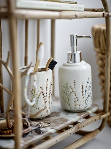 Set dispenser săpun lichid și pahar din ceramică cu flori de câmp aplicate manual, D8×H11/D8×H18 cm, „Bea" - Img 4