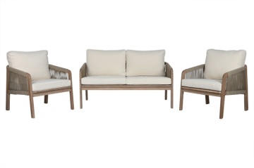 Set lounge exterior premium din lemn de acacia cu frânghie împletită, canapea, 2 fotolii și măsuță cu perne din stofă, „Capri” - Img 2