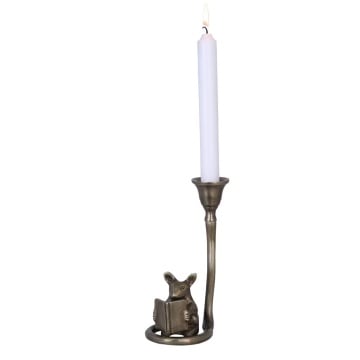 Sfeșnic decorativ din metal, finisaj alamă antichizată, șoricel citind, 8,5 x 8 x 15 cm, „Mouse"
