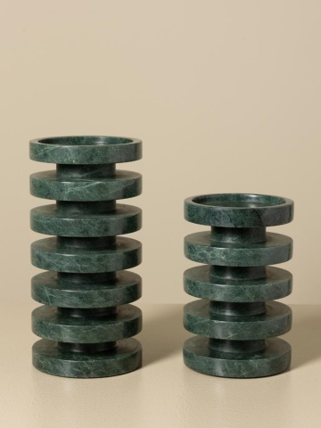 Sfeșnic din marmură verde cu textură naturală, discuri circulare suprapuse, finisaj glazurat, 15×10 cm, „Pilier" - Img 3