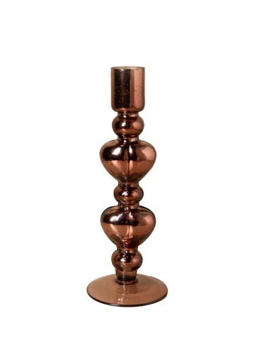 Sfeșnic din sticlă cu inimi sculptate suprapuse, maro-argintiu, finisaj lucios, 23×8 cm, „Cœur"