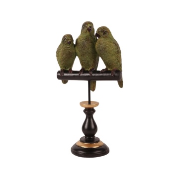 Statuetă decorativă din polirășină, trei papagali verzi pe stinghie neagră, picior sculptat cu detalii aurii, 33,5 x 18 x 10,5 cm, „Perruche
