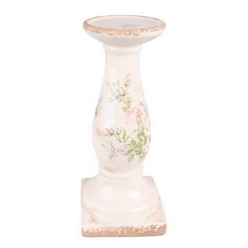 Suport lumanare, bej, din ceramica, aspect vintage, H30 cm, Flowers - Img 1