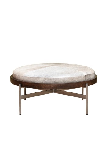 Taburet din piele de vacă gri și lemn de mango maro, cu structură din metal, formă rotundă, 42×96 cm, „Hike"