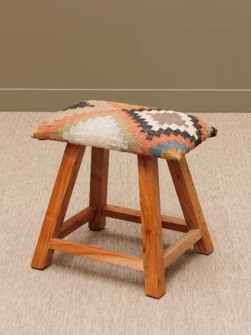 Taburet kilim din iută, lână și lemn de mango, multicolor, cu romb în trepte și picioare înclinate, 45 x 45 x 35 cm, „Winter Killim” - Img 2