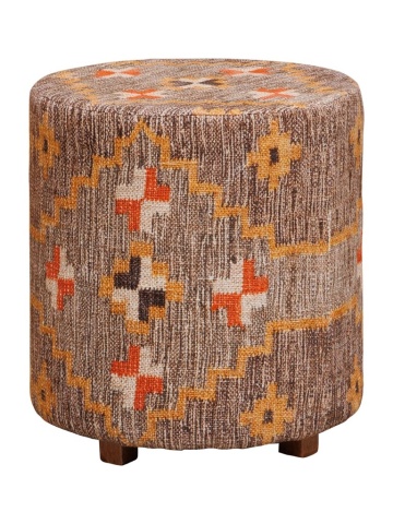 Taburet kilim rotund din bumbac, lână și lemn de acacia, multicolor, cu model geometric, 47 x Ø 45 cm, „Klimt Kilim”