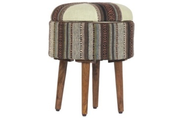 Taburet rotund pentru picioare din bumbac și lemn de mango, multicolor, cu dungi țesute, cu spațiu de depozitare, 45 x Ø 40 cm, „Afrkn”