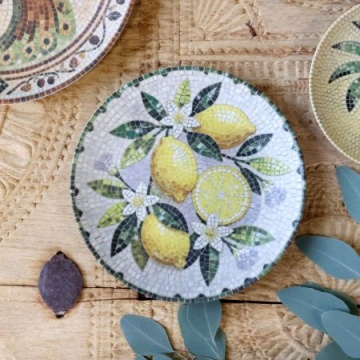 Tavă pentru servire din ceramică cu model mozaic și motiv lămâi, H2,5/D21 cm, melon & verde, „Chartres” - Img 3