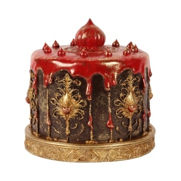 Tort decorativ din polirășină, maro și roșu, cu glazură roșie și ornamente aurii, 20 x 21 cm, „Praline”