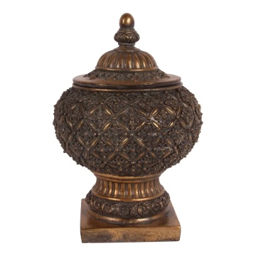 Vas decorativ cu capac din polirășină, auriu, bijutieră în formă de urnă clasică, finisaj patinat, 27 x 18,5 cm, „Écrin”