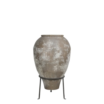 Vas decorativ pe suport din metal, crem, H85 cm, aspect antichizat