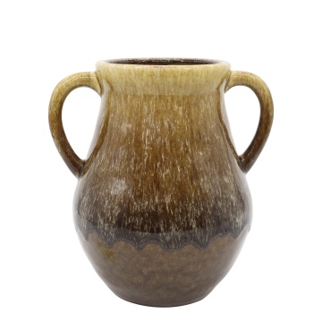 Vază decorativă din ceramică artizanală glazurată verde olive, lucrată manual, cu mâner lateral, 30x23 cm, „Camille"