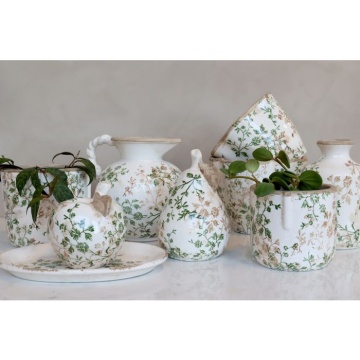 Vază din ceramică albă antichizată, pictată manual, cu decor floral-vegetal, 17,5x11 cm, „Grasse" - Img 4