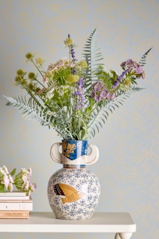 Vază din ceramică albastră cu decor pasăre și model floral pictate manual, cu două toarte laterale, 16,5x23,5 cm, "Hezha" - Img 3