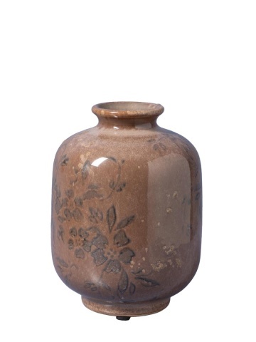Vază din ceramică artizanală roz cu motive florale, formă rotundă, finisaj lucios, 10,5×15 cm, „Rosaire"