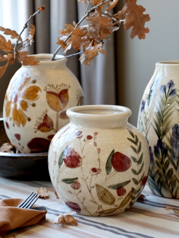 Vaza din ceramica, crem, cu motive florale, H18/D18cm - Img 4
