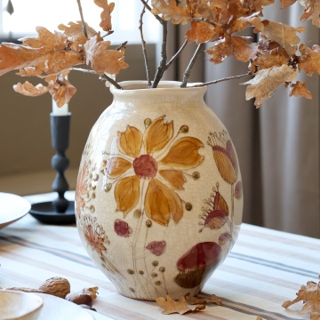 Vaza din ceramica, crem, cu motive florale, H23/D18cm - Img 2