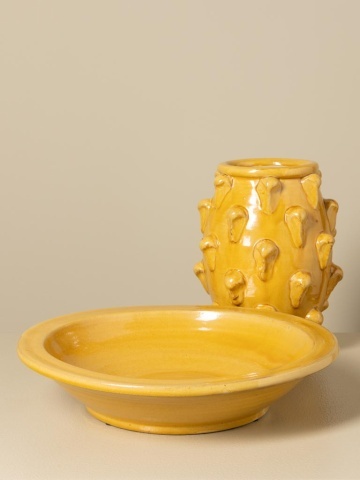 Vază din ceramică galbenă cu farfurie, set 2 piese, cu detalii sculptate în relief, 24 x 30 cm, „Soleil” - Img 4