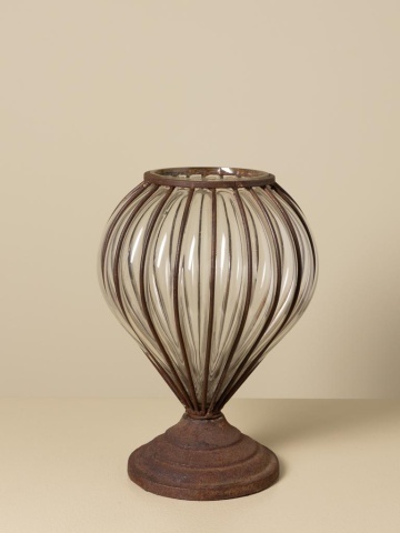 Vază din sticlă încrustată cu fier, piriformă, maro, cu efect de rugină și picior rotund, 30 x Ø 21 cm, „Zéphyr” - Img 5