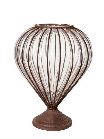 Vază mare din sticlă încrustată cu fier, piriformă, maro, cu efect de rugină și picior rotund, 38 x Ø 28 cm, „Zéphyr”