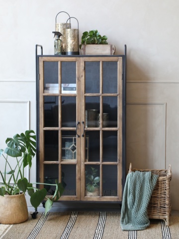 Vitrină industrială din lemn de pin natur și metal negru, cu 2 uși vitrate, 3 rafturi și roți, finisaj natural, 156 x 80 x 34 cm, „Calibre” - Img 4
