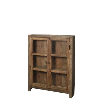 Vitrină rustică din lemn reciclat, natur, cu 2 uși vitrate, 3 rafturi și mânere în formă de inel, 105 x 85 x 18 cm, „Grimaud”