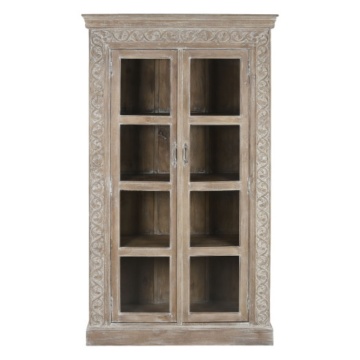 Vitrină sculptată manual din lemn masiv de mango, finisaj décapé alb, 2 uși vitrate, 3 rafturi, 120×44×210 cm, „Jaipur"