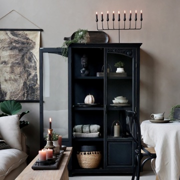 Vitrină vintage din lemn de pin, negru, cu 2 uși vitrate, 3 rafturi și decor sculptat, finisaj antichizat, 170 x 97 x 41 cm, „Sauveterre” - Img 2