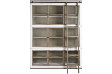 Vitrină vintage din lemn masiv, alb, cu 9 uși vitrate, 3 rafturi și scară de bibliotecă, 240 x 180 x 45 cm, „Labeaume”