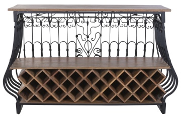 Bar din metal negru și lemn masiv, cu blat natur și rafturi, finisaj vopsit, 97 x 144 x 42 cm, „Périgord”