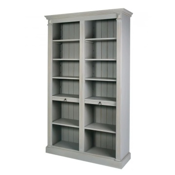 Bibliotecă înaltă din lemn, gri, cu 10 rafturi deschise, dintre care 2 culisante, și pilaștri cu caneluri, 197 x 120 x 37 cm, „Oslo”