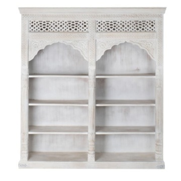Bibliotecă sculptată din lemn masiv de mango, finisaj alb antichizat, 6 rafturi deschise, 180×40×200 cm, „Maharaja"