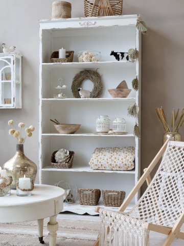 Bibliotecă shabby chic din lemn cu finisaj antichizat crem, 5 rafturi, 106×39×200 cm, „Violette" - Img 4